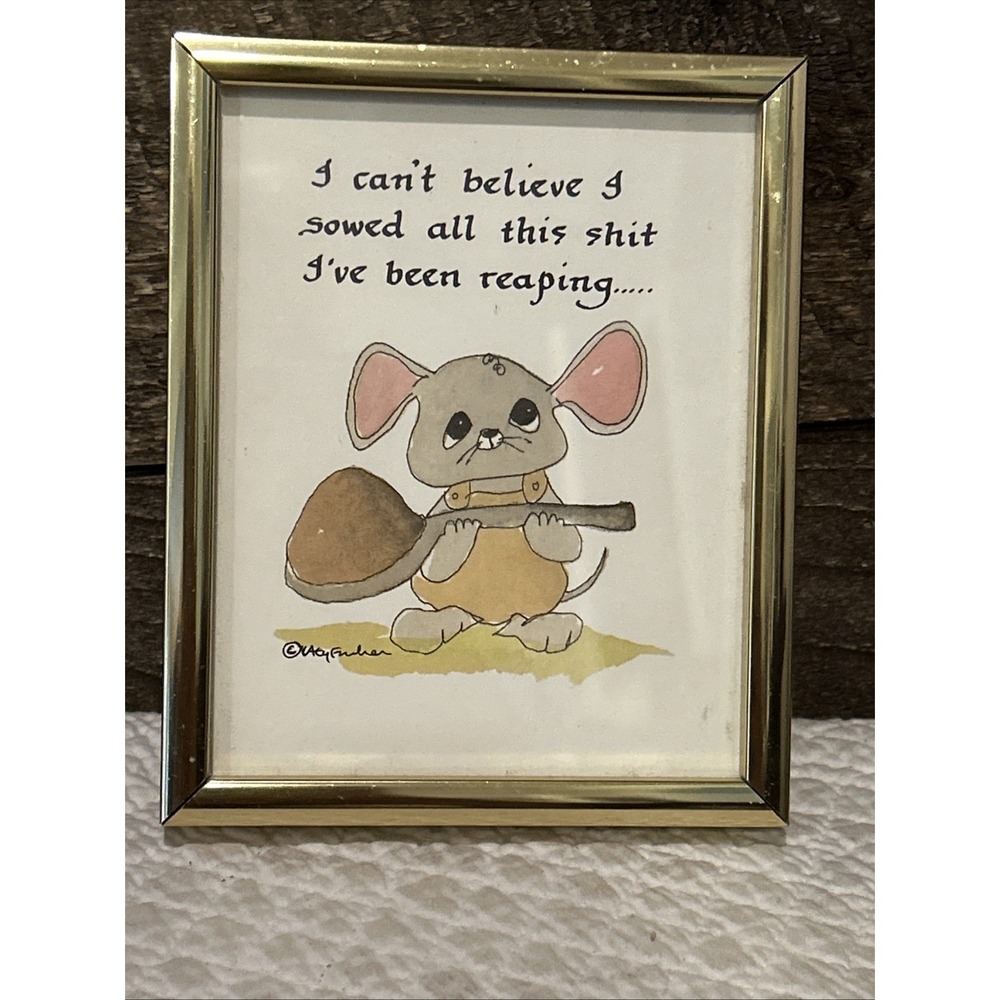 Vtg Katy Fischer Calligraphy Watercolor Picture Comfort Of Mouse ‎ 4.5x5.5"